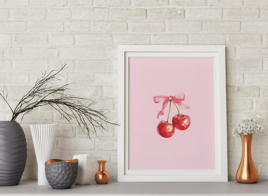 Red Cherries Pink Ribbon Bow Coquette Watercolor Kitchen Poster - Image 2
