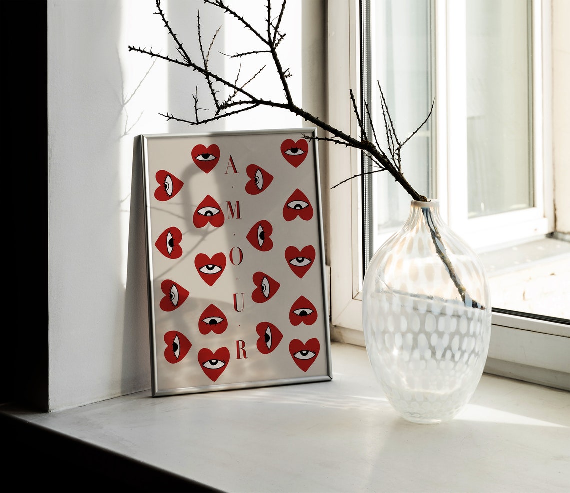 Amour Eye Heart Pattern Surreal French Love Typography Poster - Image 2
