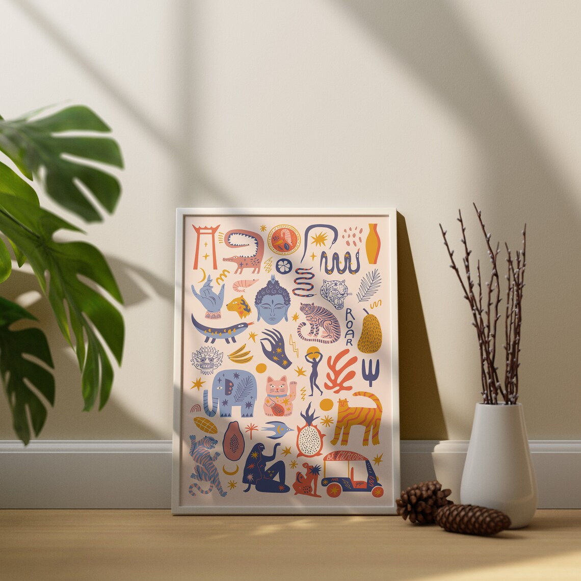 Asia Travel Icon Doodle Buddha Tiger Elephant Tuk Tuk Collage Poster - Image 2