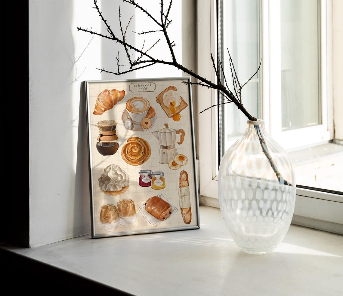 Ethereal Cafe Breakfast Spread Croissant Latte Illustrated Poster - Image 2