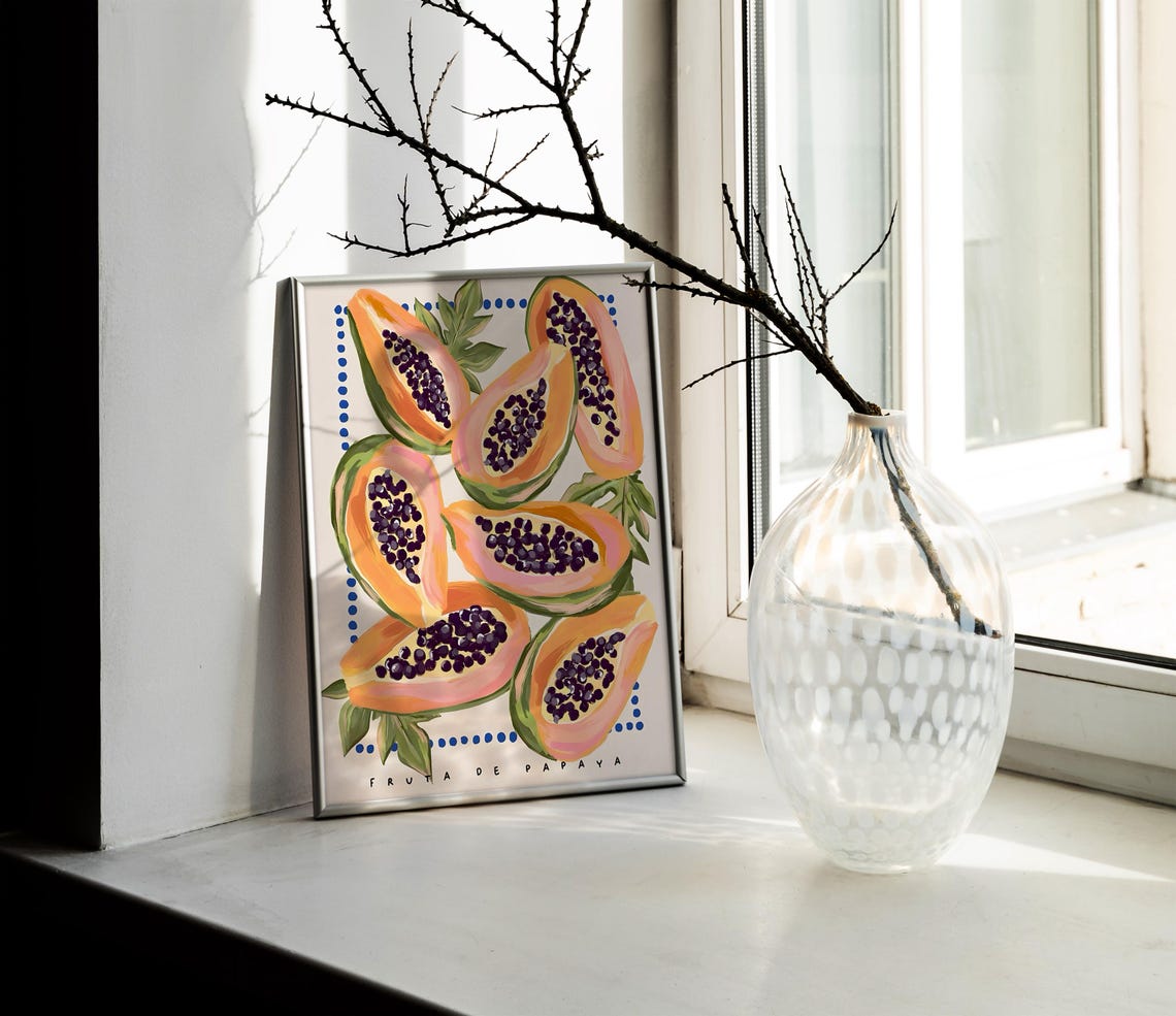 Fruta de Papaya Ripe Halved Tropical Fruit Painterly Art Poster - Image 2