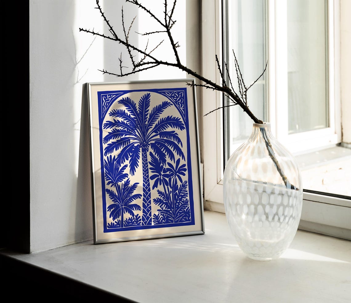 Blue Palm Tree Hand-Carved Linocut Botanical Tropical Art Poster - Image 2
