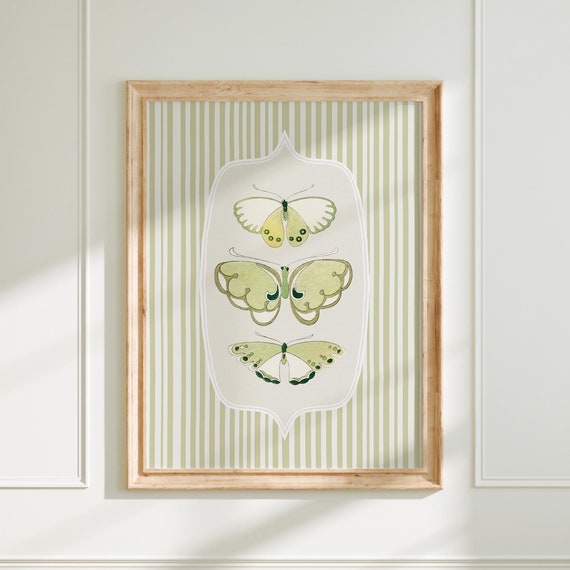 Sage Green Butterfly Print Vintage Cottagecore Wall Art Trendy Striped Spring Decor Art A247