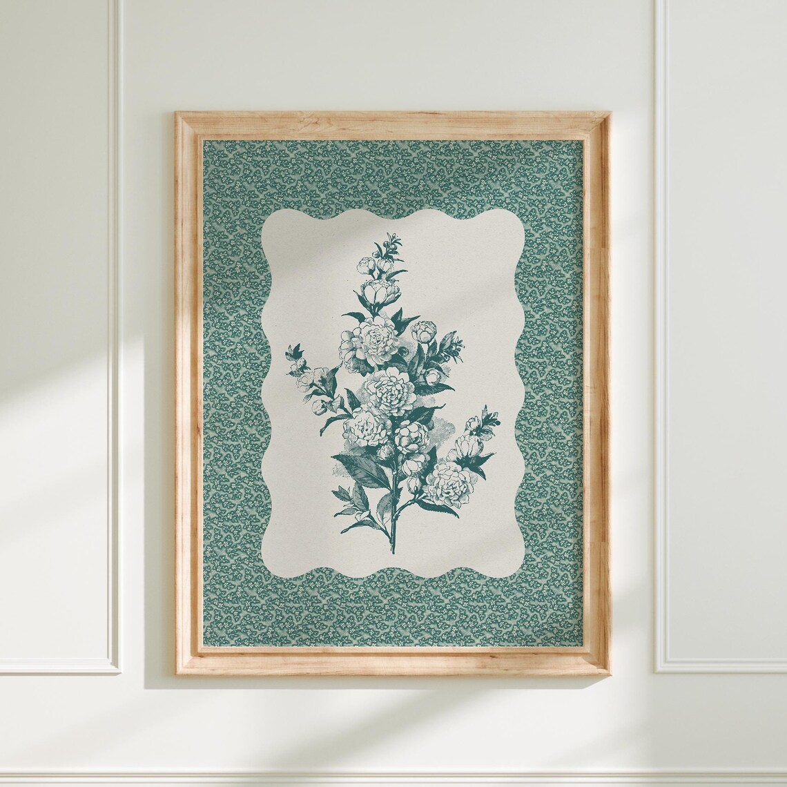 Vintage Teal Floral Art Print, Cottagecore Roses