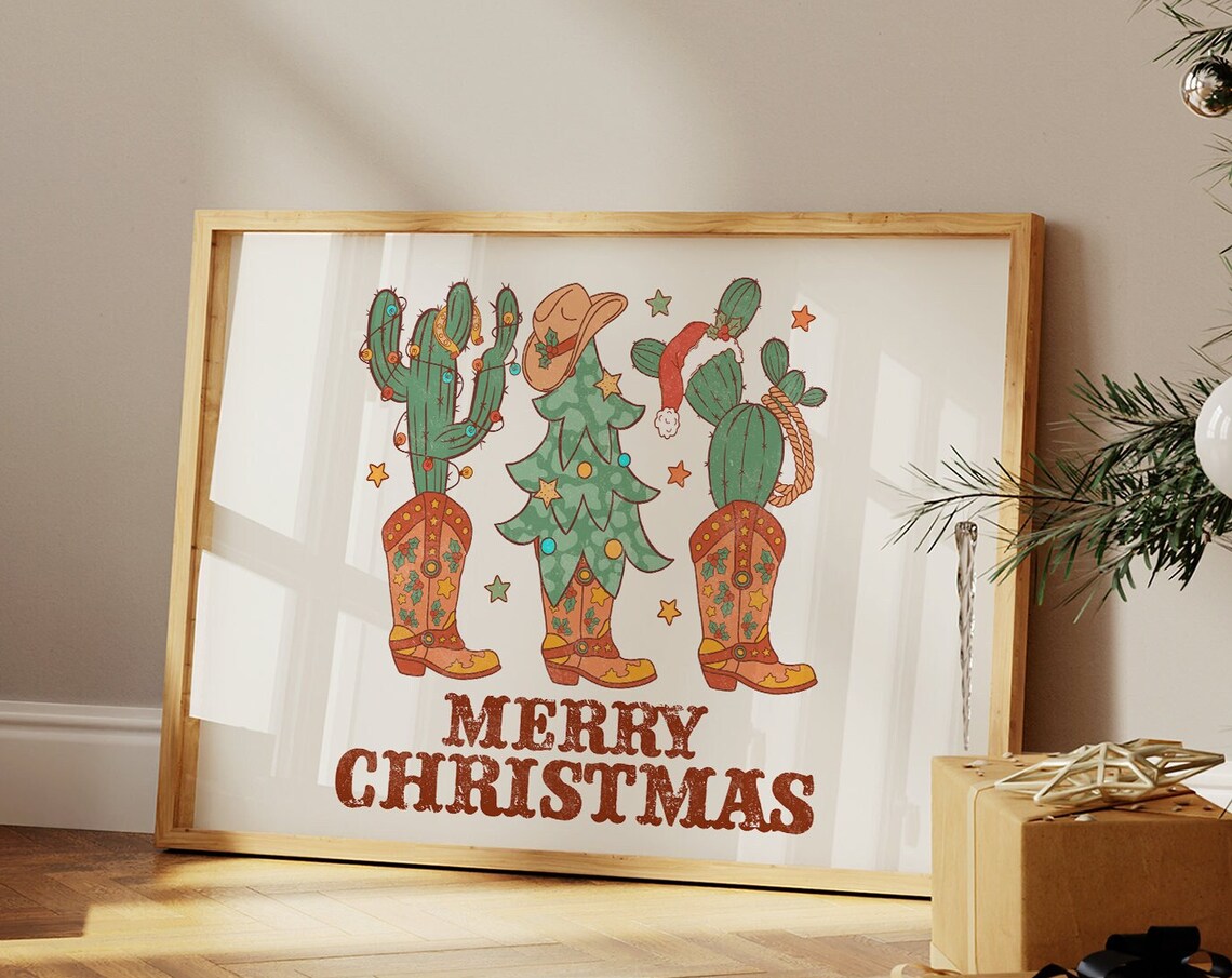 Merry Christmas Cactus Cowboy Boots Desert Western Holiday Poster