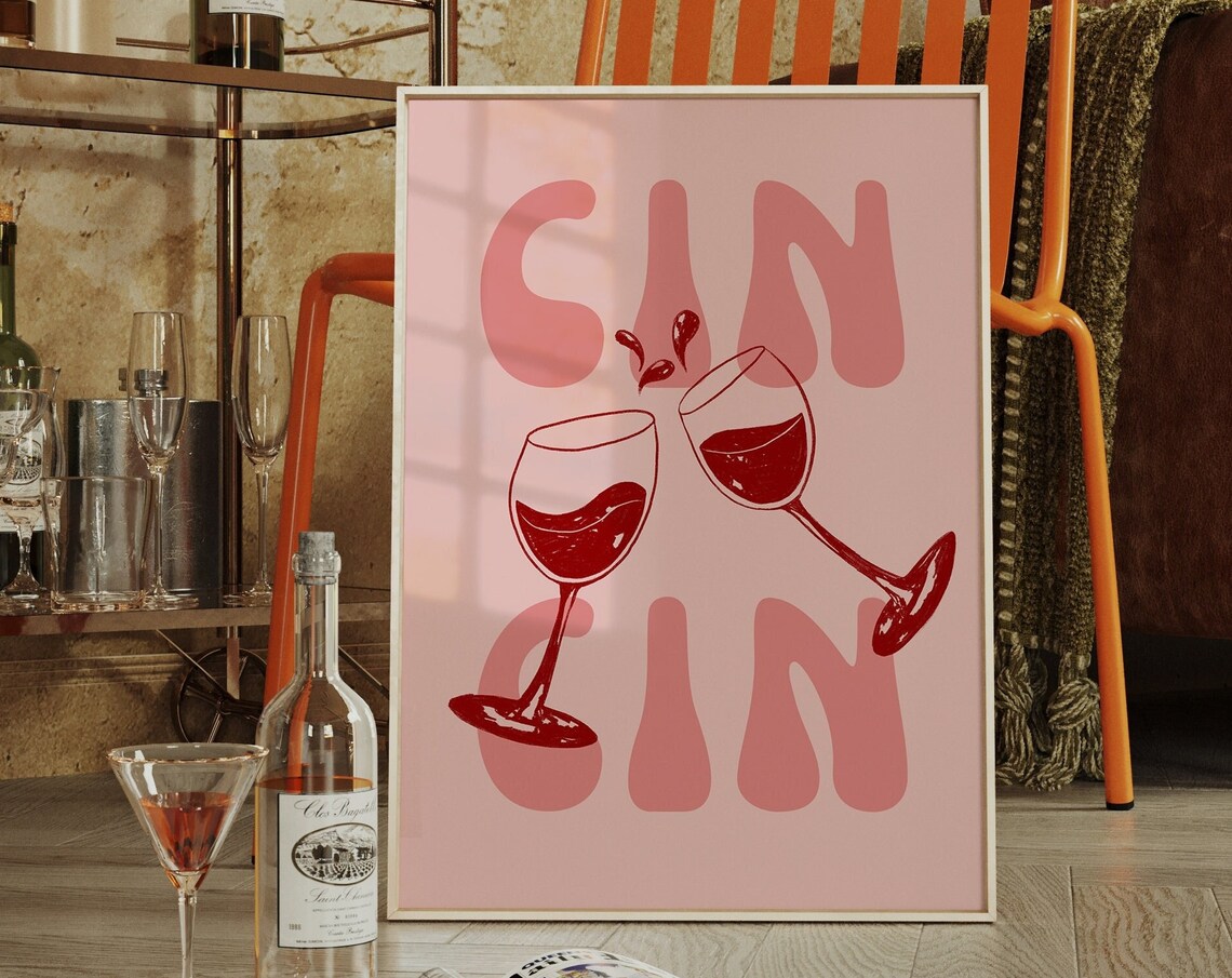 Cin Cin Pink Wine Toast Retro Bar Cart Typography Quote Poster - Image 4