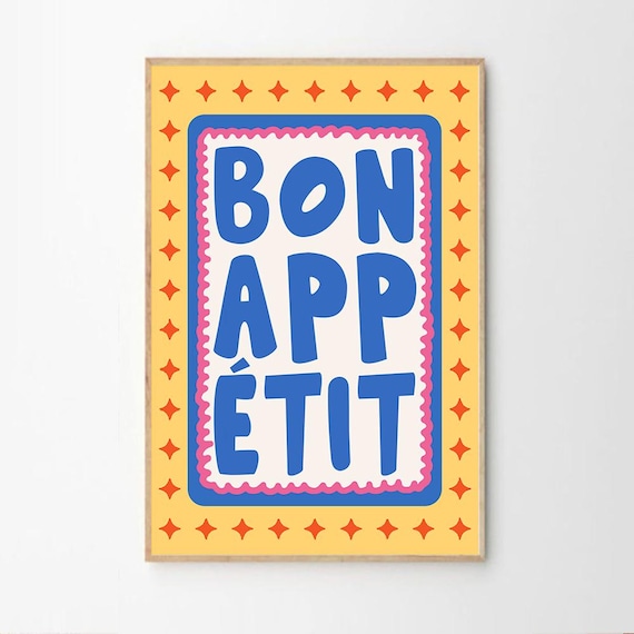 Bon Appetit Retro French Bistro Kitchen Typography Quote Wall Art