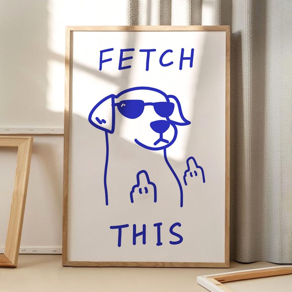 Blue Fetch Dog Funny Retro Home Art Print