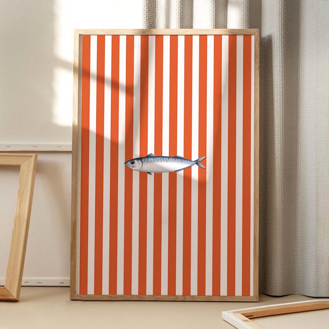 Sardine Fish on Orange Stripes Kitchen Wall Decor Artwork Poster