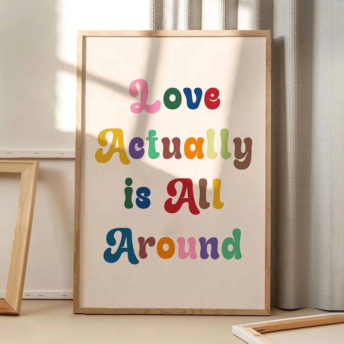 Love Actually Is All Around Retro Rainbow Typography Quote Poster