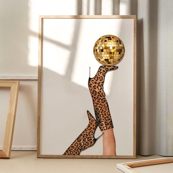 Leopard Print Boots Disco Ball Art Poster Trendy Wall Apartment Decor Retro Home Printed Gift