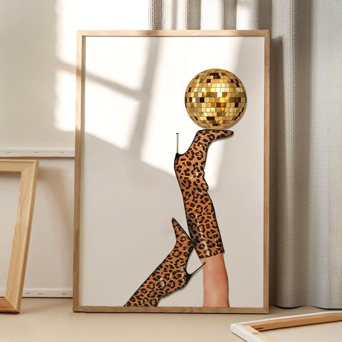 Leopard Print Boots Disco Ball Art Poster Trendy Wall Apartment Decor Retro Home Printed Gift
