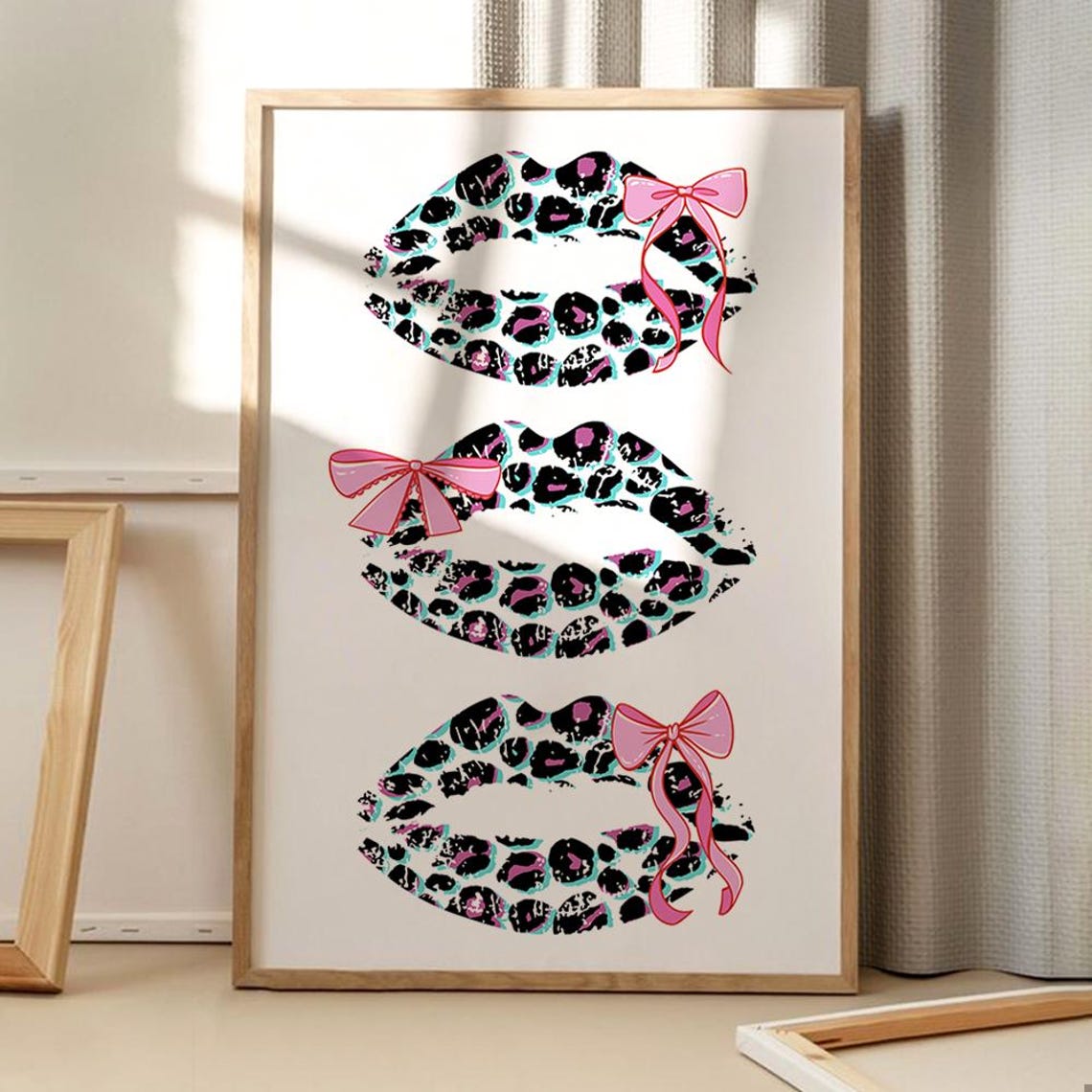 Leopard Lips Pink Ribbon Bows Retro Glam Coquette Style Wall Poster