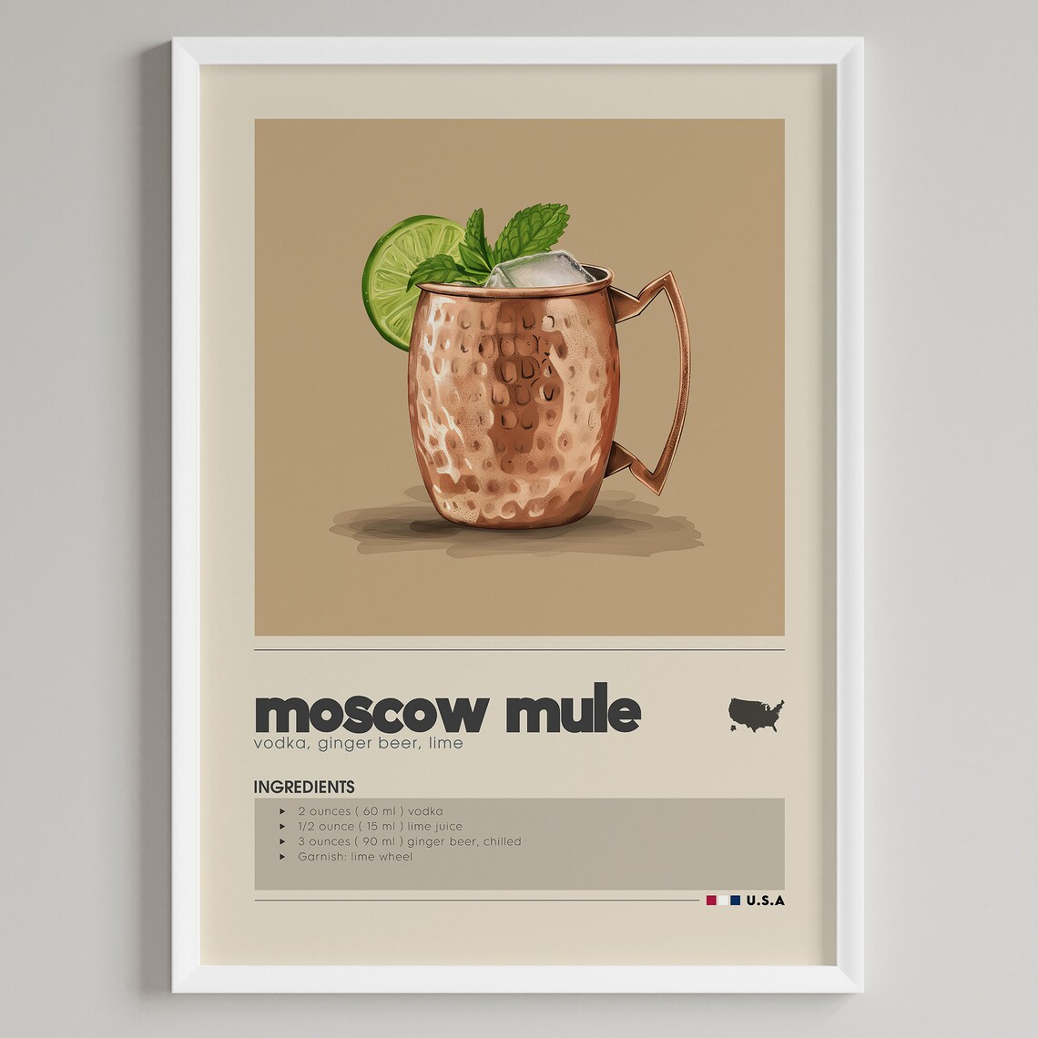 Moscow Mule Cocktail Print, Minimalist Bar Cart Decor