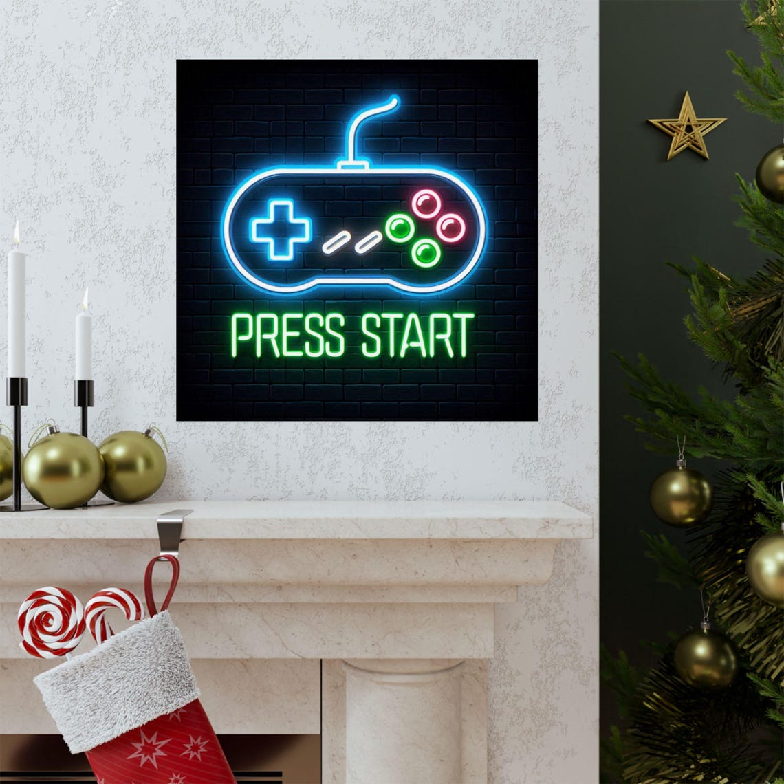 Glowing Neon Game Controller with Green Press Start Text Poster - Image 3