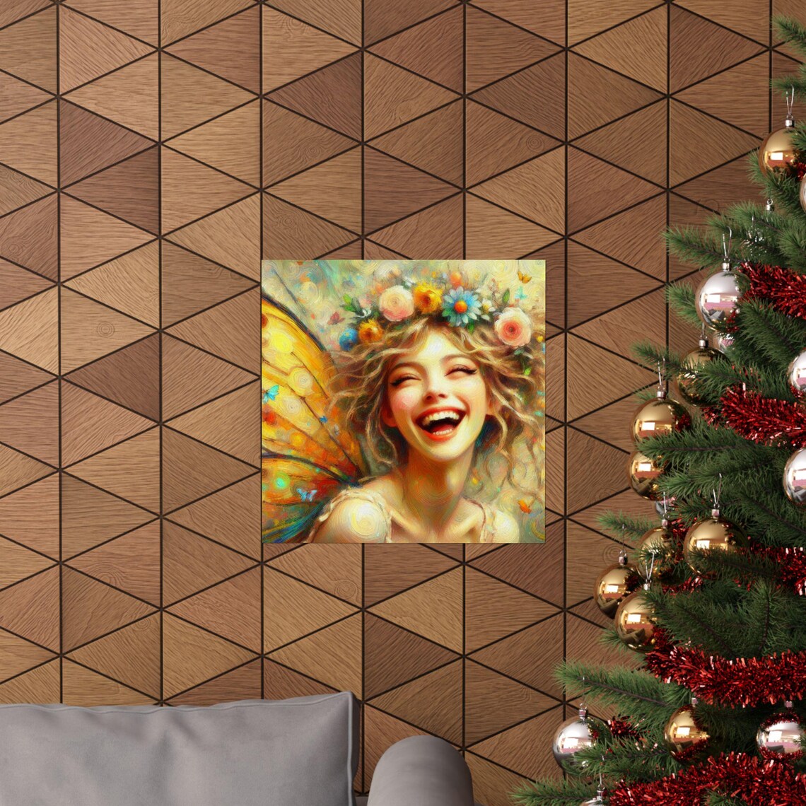 Laughing Fairy with Flower Crown and Butterfly Wings Art Poster - Image 6