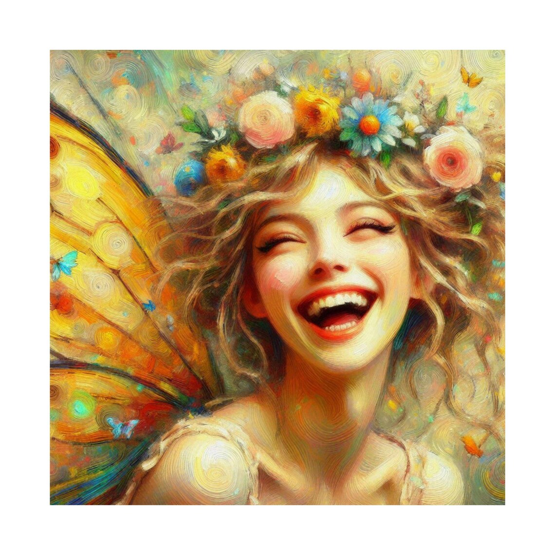 Laughing Fairy with Flower Crown and Butterfly Wings Art Poster - Image 7