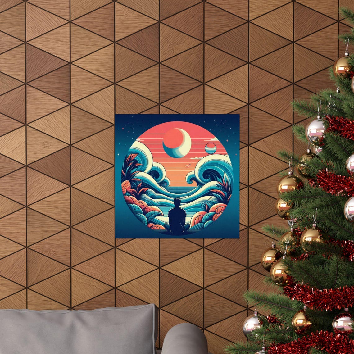 Lone Figure Meditating Before Ocean Waves Under a Moon Poster - Image 6