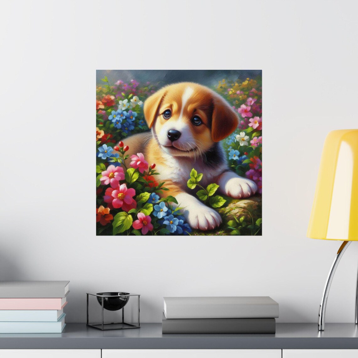 Adorable Puppy Lying among Colorful Garden Flowers Cute Dog Poster - Image 2