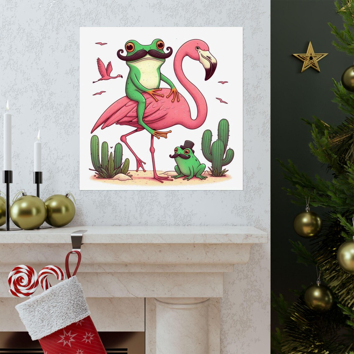 Mustachioed Frog Riding a Pink Flamingo in the Desert Poster - Image 3