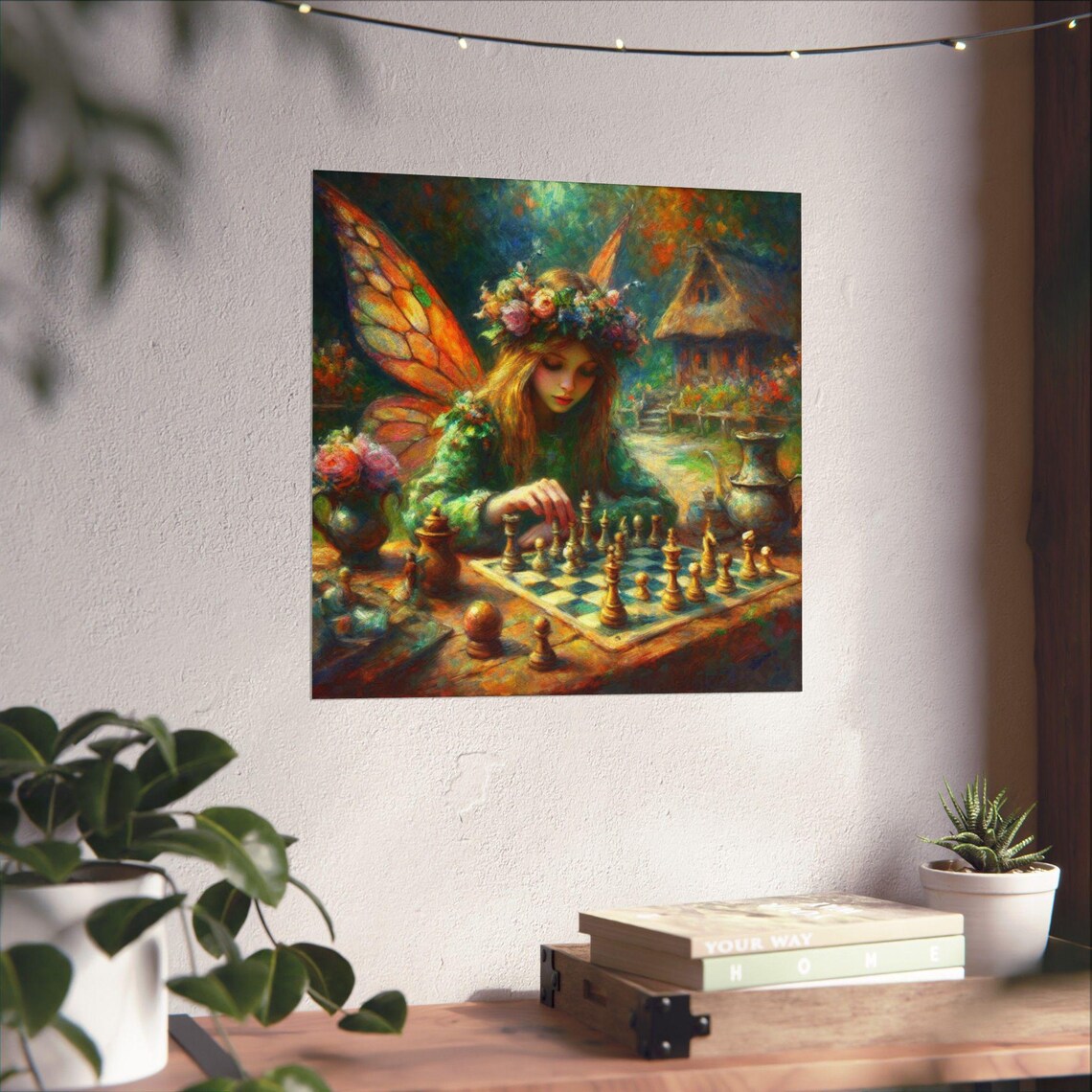 Fairy Playing Chess in Cozy Cottage Garden Fantasy Art Poster - Image 4