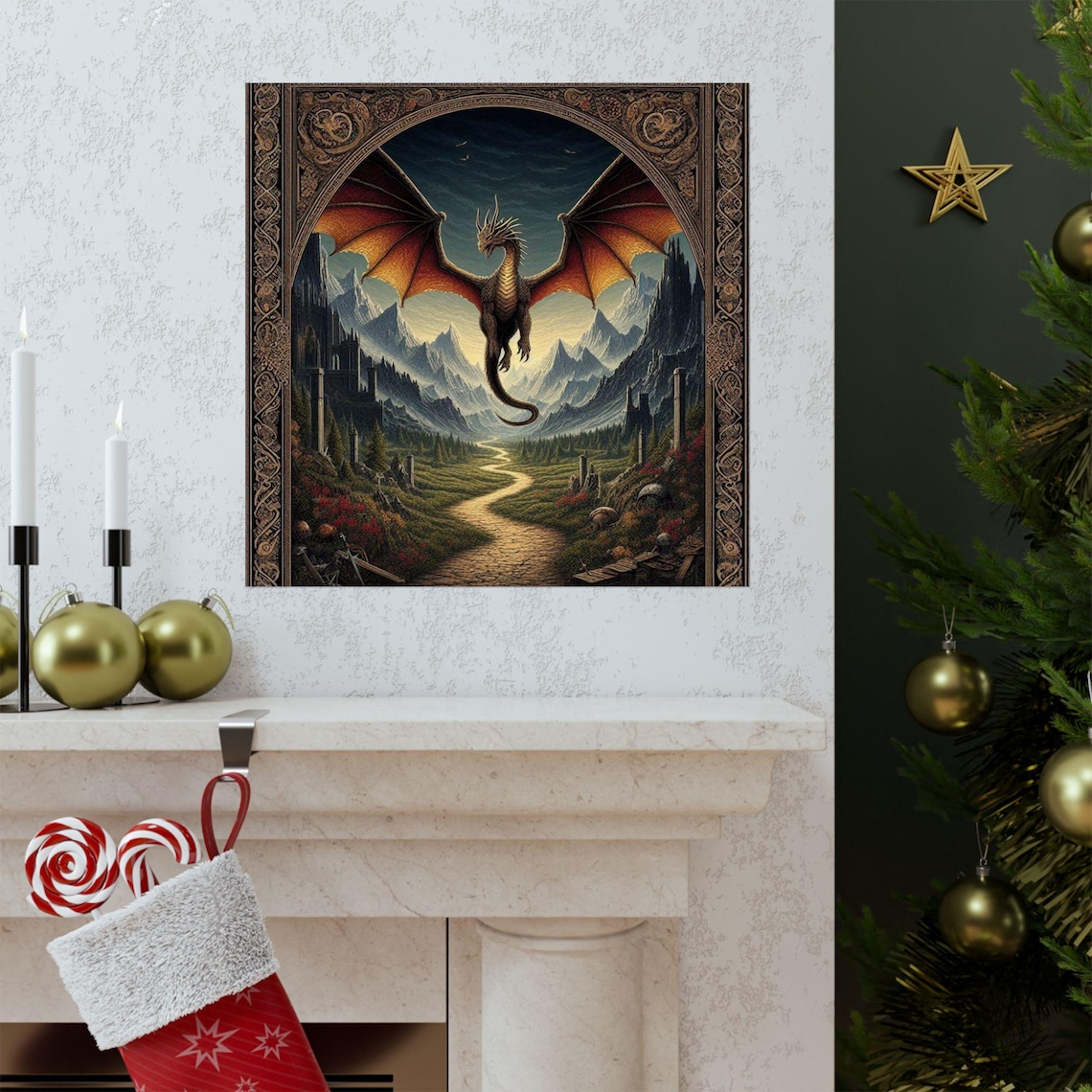 Majestic Dragon Soaring Over a Mountain Valley Fantasy Art Poster - Image 3