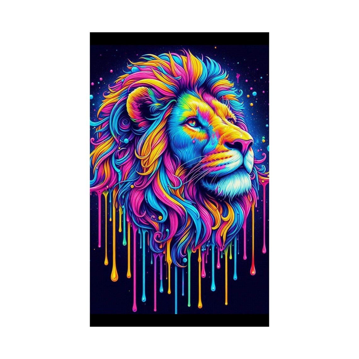 Colorful Lion Head with Dripping Neon Paint on Black Art Poster - Image 5