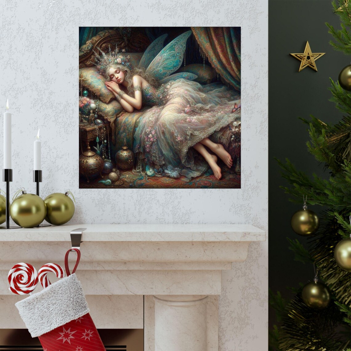 Sleeping Fairy Dreaming on an Ornate Velvet Flower Canopy Bed Poster - Image 3