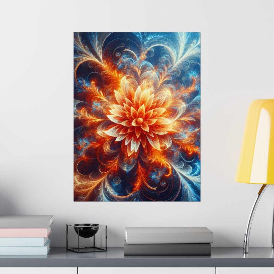 Fractal Fire Bloom Flower Abstract Poster in Orange and Blue Hues - Image 2
