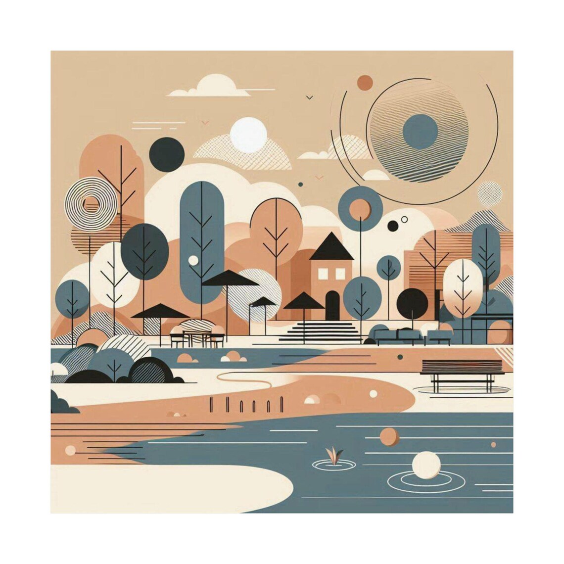 Geometric Abstract Park by the Lake in Warm Earth Tones Poster - Image 6
