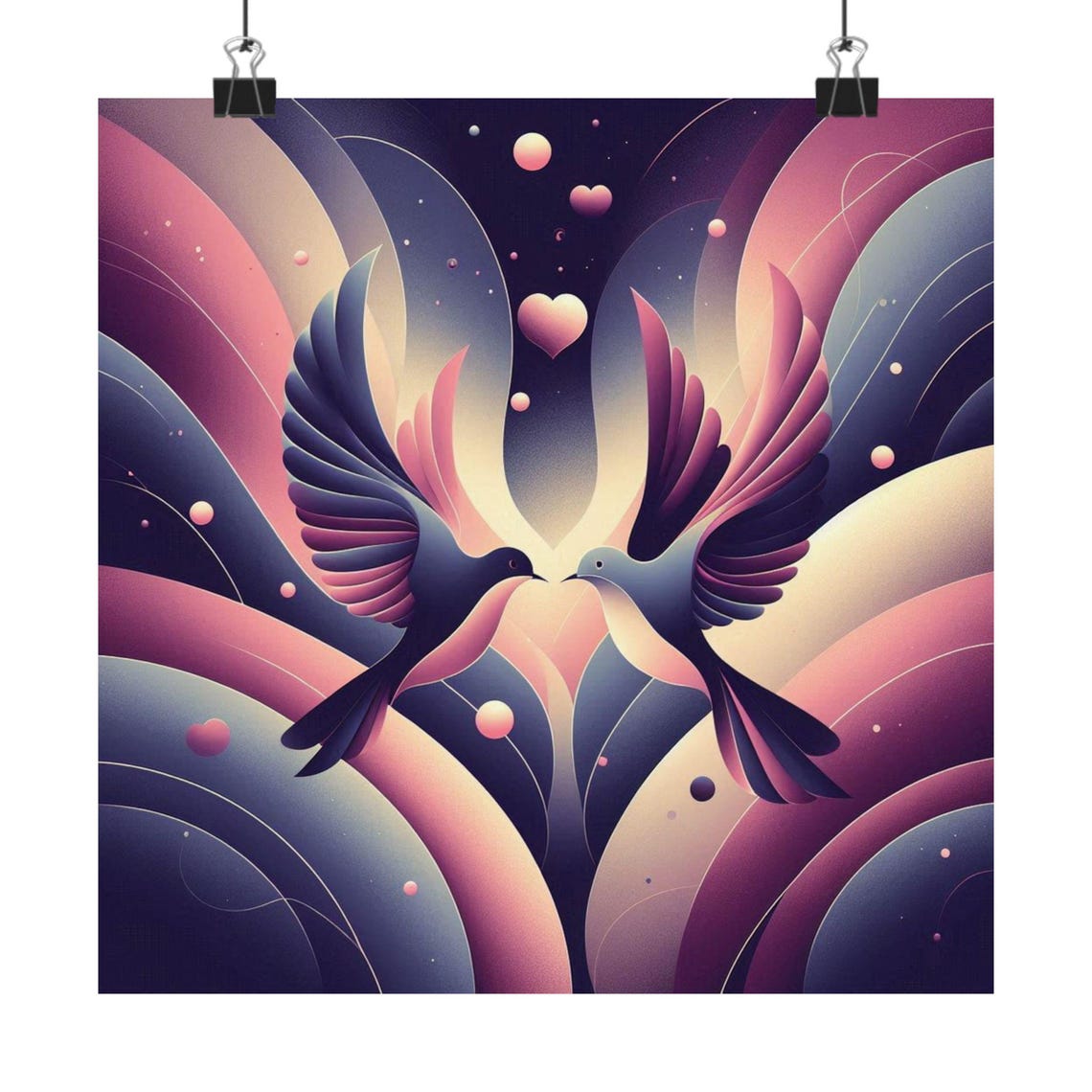 Two Doves with Floating Hearts Gradient Romantic Love Art Poster