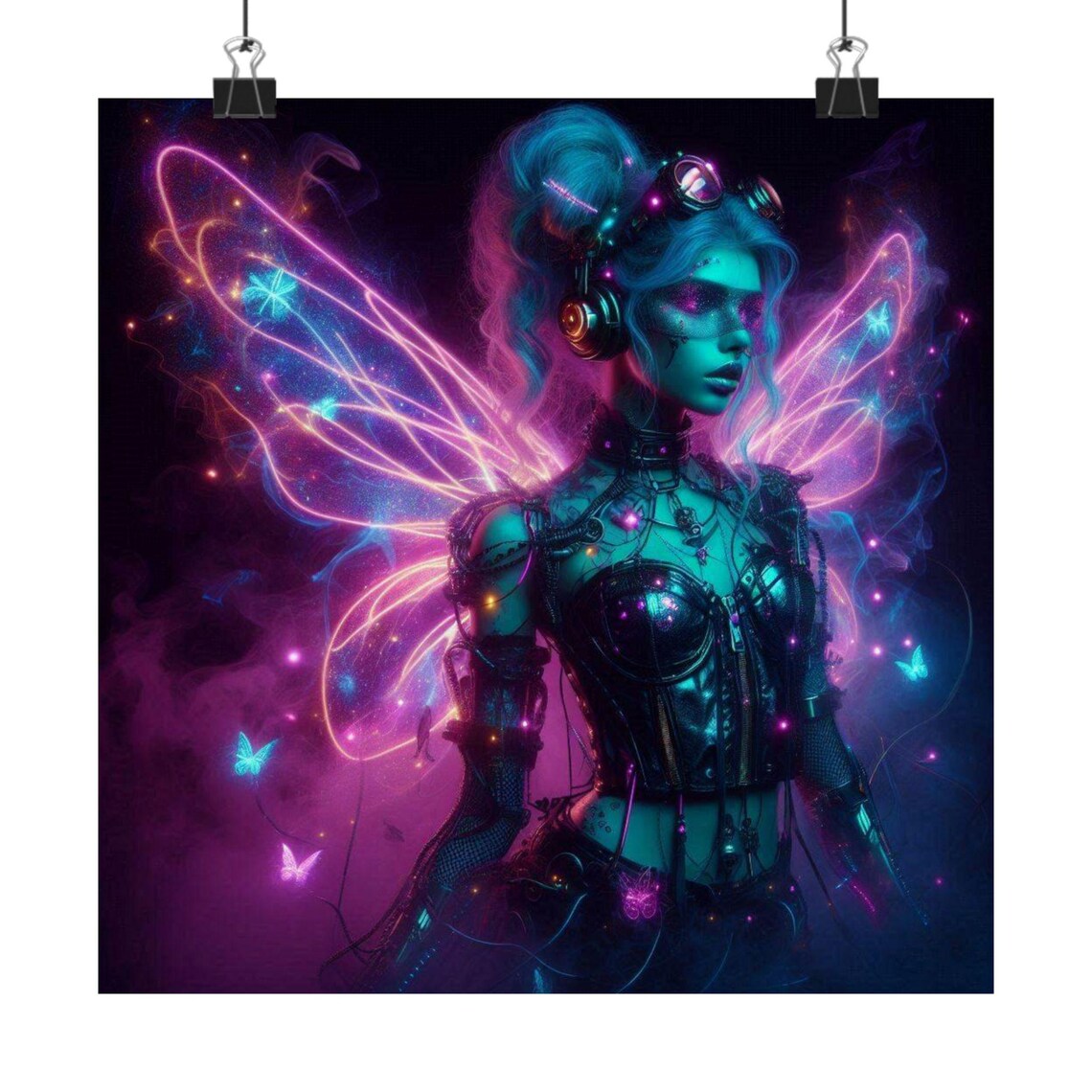 Cyberpunk Neon Fairy with Glowing Magenta Wings Fantasy Art Poster