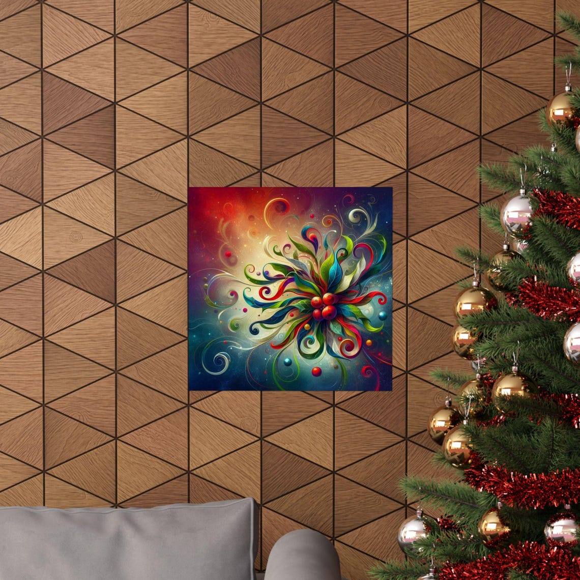Colorful Floral Swirl with Red Berries Festive Abstract Poster - Image 4