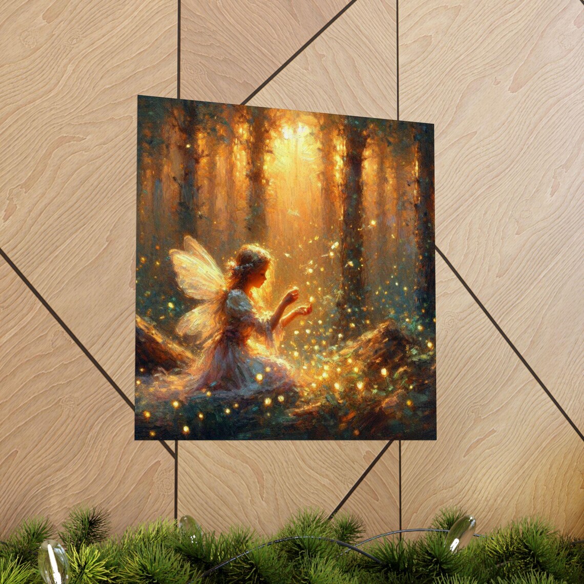 Fairy in Sunlit Forest Clearing with Fireflies Fantasy Art Poster - Image 5
