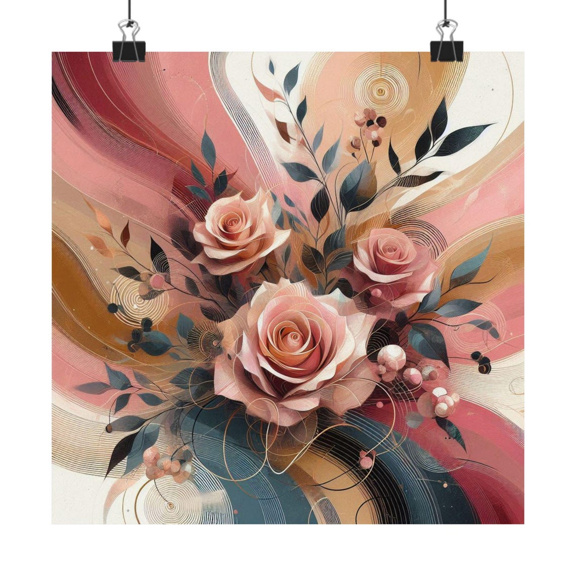 Blush Pink Roses with Flowing Abstract Swirls Botanical Art Poster