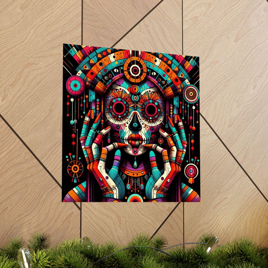 Colorful Day of the Dead Sugar Skull Face Tribal Style Art Poster - Image 5