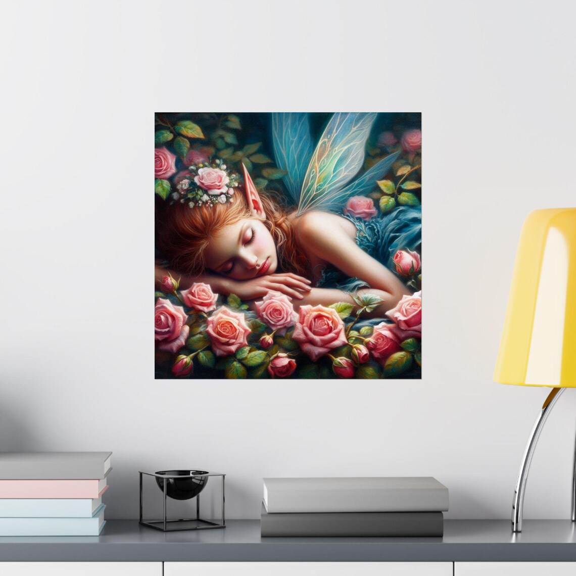 Sleeping Fairy with Blue Wings among Pink Roses Fantasy Art Poster - Image 2