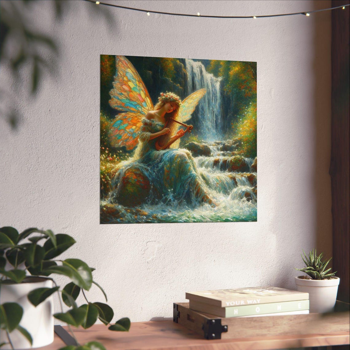Fairy Playing Golden Harp by Waterfall in Forest Fantasy Art Poster - Image 4