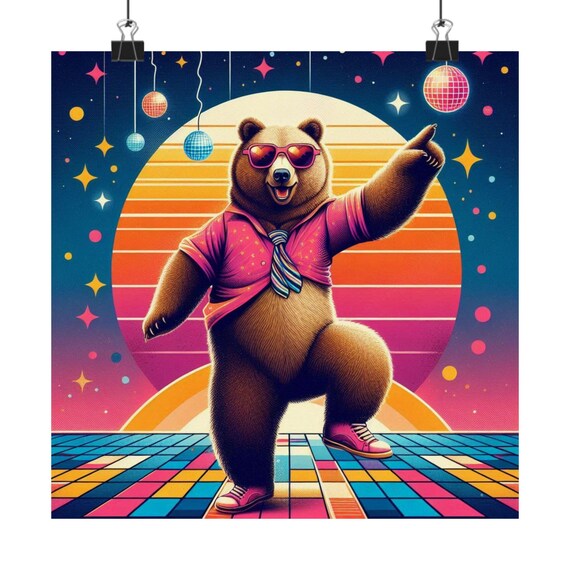 Groovy Retro Disco Dancing Bear in Sunglasses Funny Art Poster