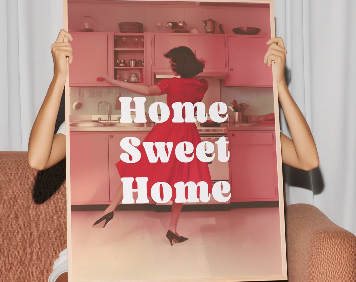 Home Sweet Home Retro Red Kitchen Dancing Woman Quote Poster - Image 2