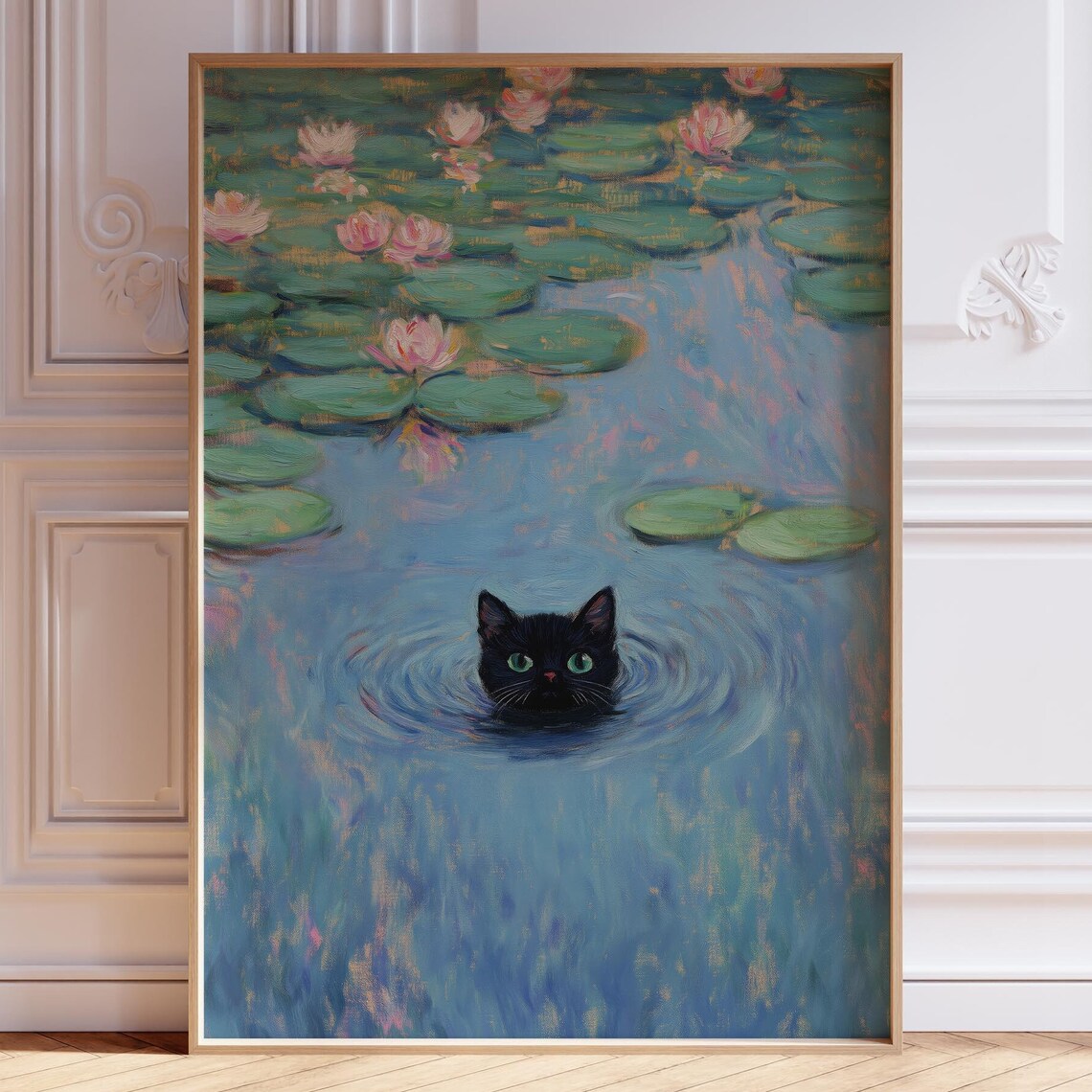 Black Cat in Monet Water Lilies Pond Impressionist Funny Print