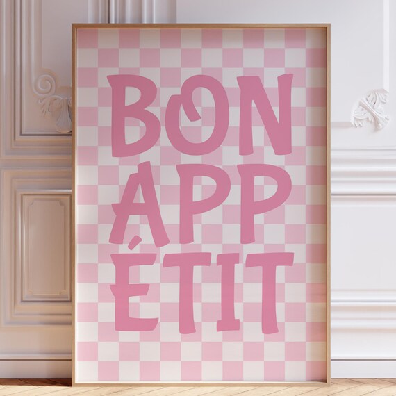 Pink Bon Appetit Checkerboard Kitchen Poster for Cute Cafe Decor