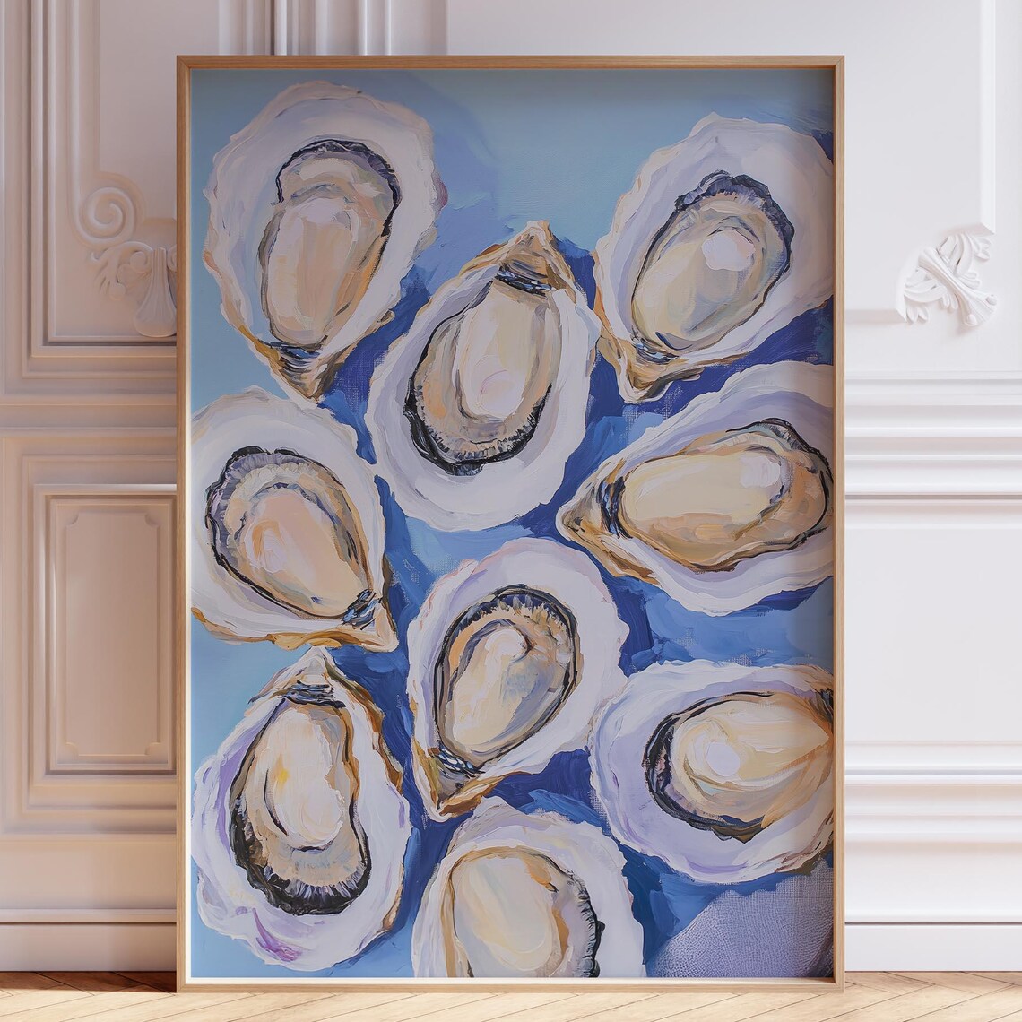 Oyster Shells Watercolor Painting Blue Coastal Kitchen Poster