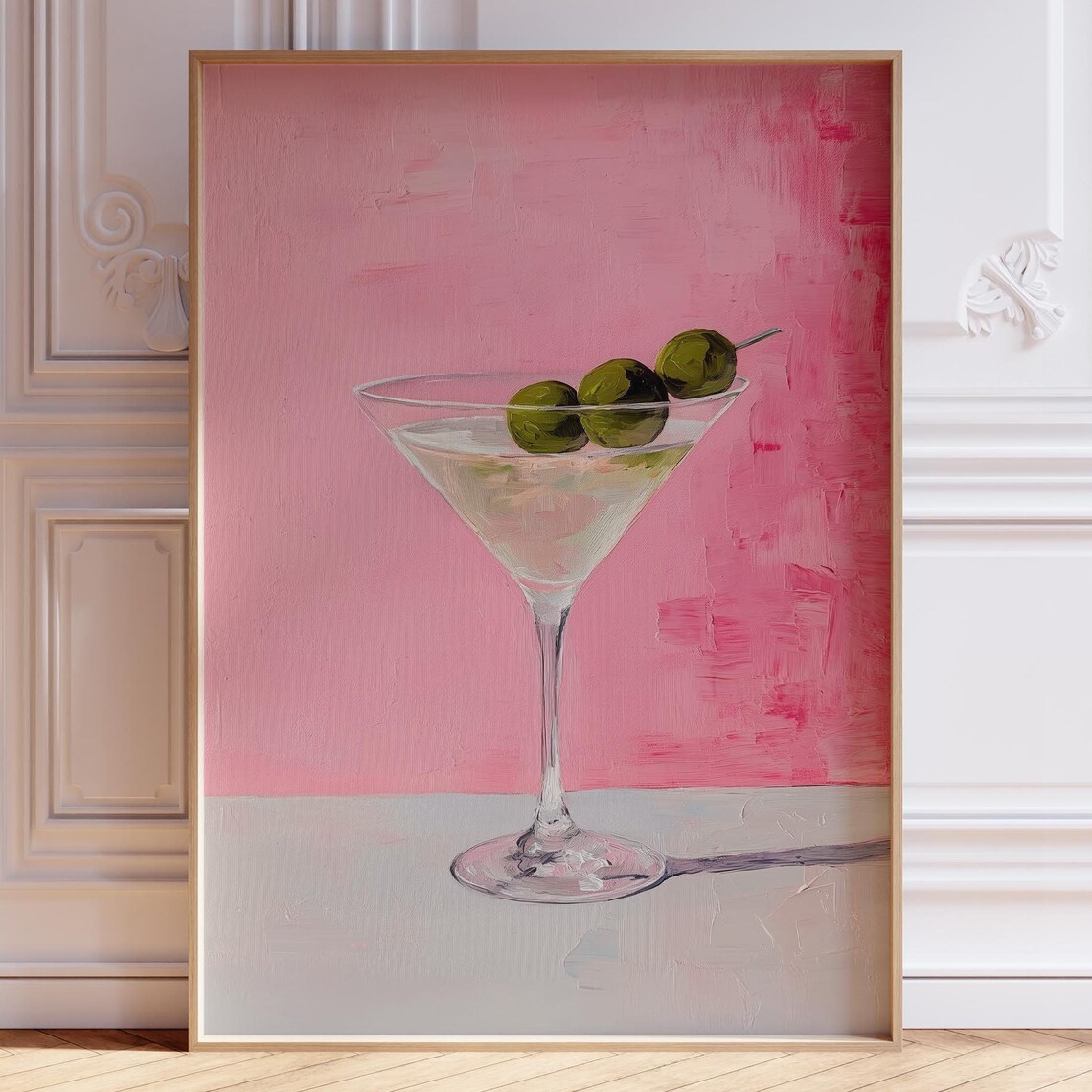 Classic Martini Cocktail with Olives on Pink Bar Cart Art Poster