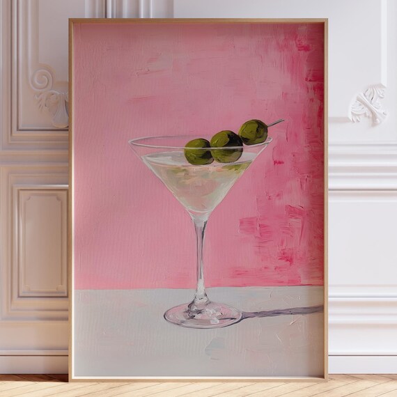 Classic Martini Cocktail with Olives on Pink Bar Cart Art Poster