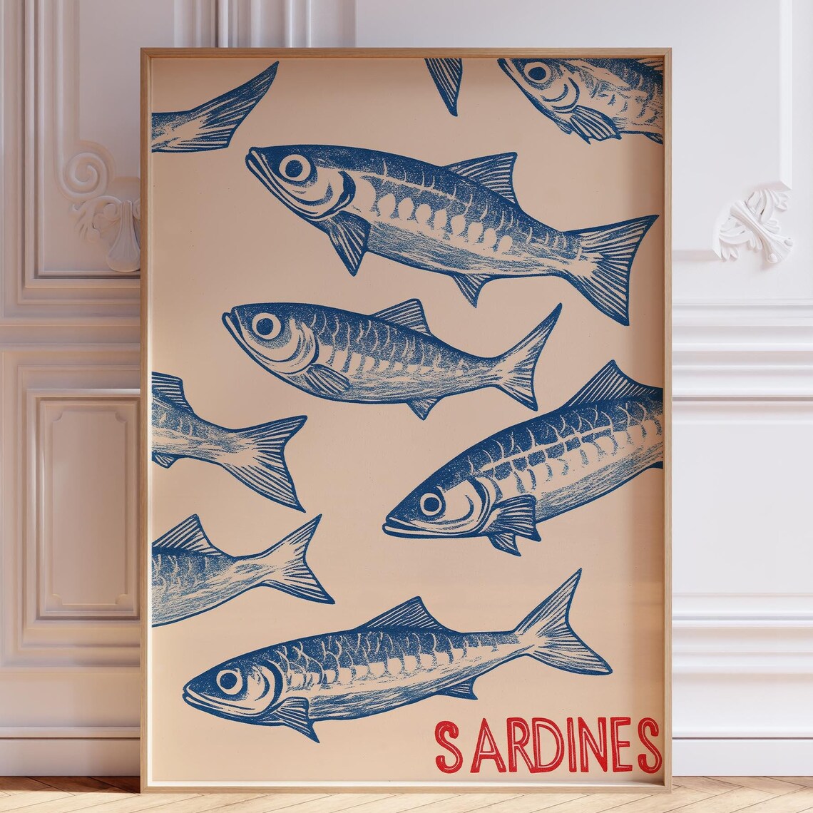 Blue Sardine Print Kitchen Cute Art Retro Sardines Wall Fish Coastal