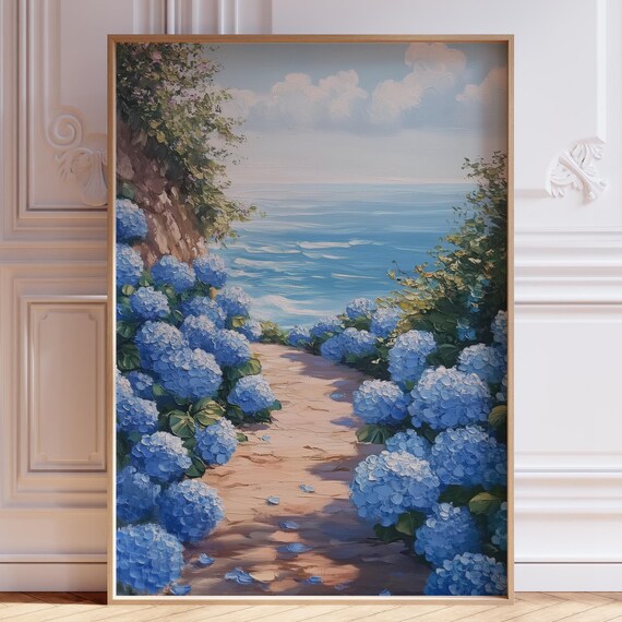 Blue Hydrangea Path Leading To Sparkling Ocean Coastal Garden Poster