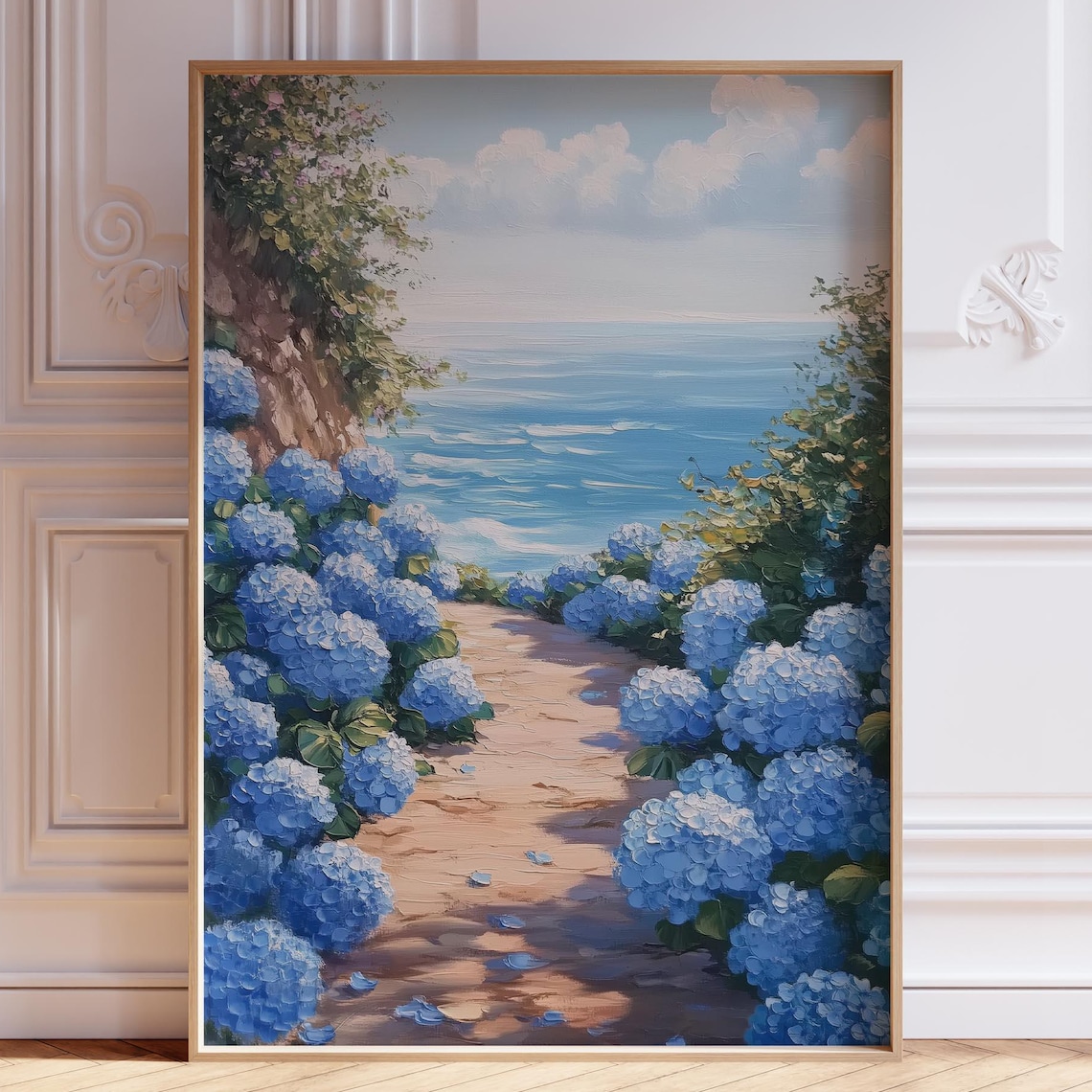 Blue Hydrangea Path Leading To Sparkling Ocean Coastal Garden Poster