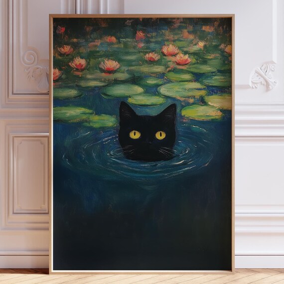 Black Cat Swimming Among Water Lilies Monet Style Impressionist Poster