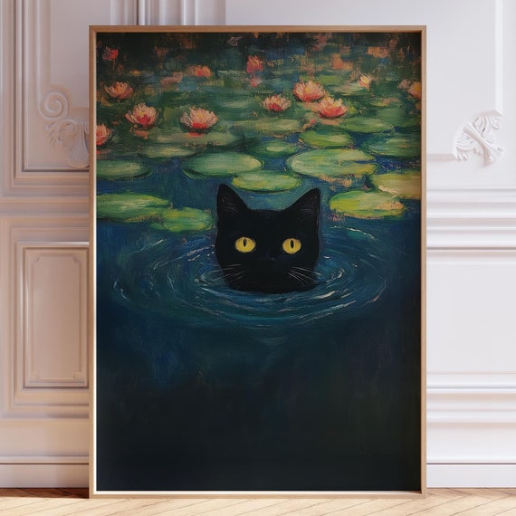 Cat Impressionist Painting Inspired By Claude Monet Waterlily Print With Flowers Art Poster